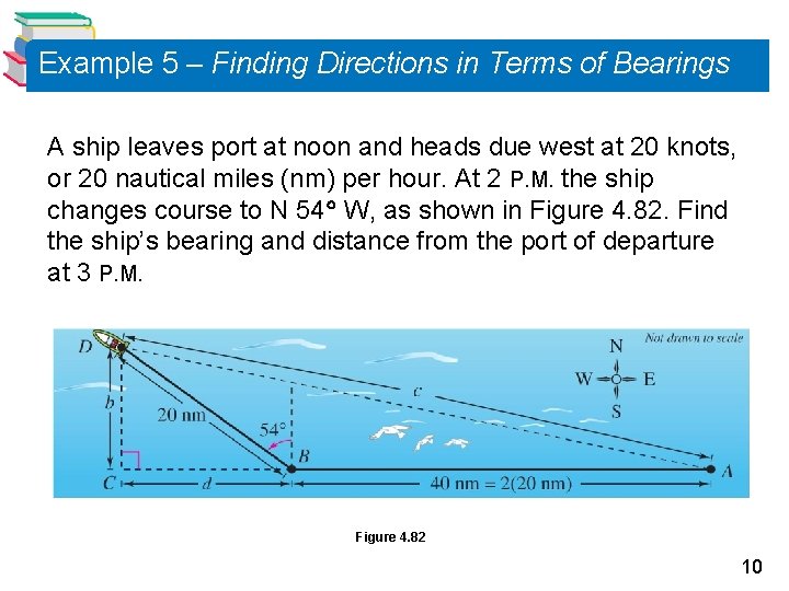 Example 5 – Finding Directions in Terms of Bearings A ship leaves port at