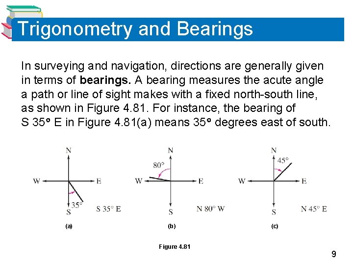 Trigonometry and Bearings In surveying and navigation, directions are generally given in terms of