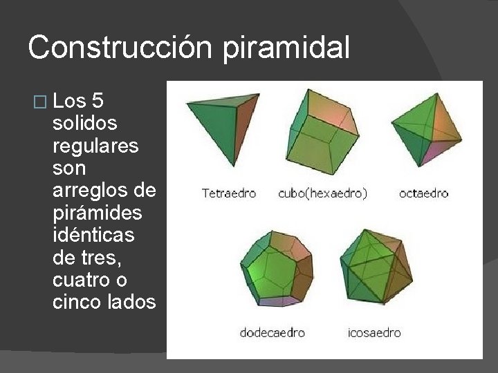 Construcción piramidal � Los 5 solidos regulares son arreglos de pirámides idénticas de tres,