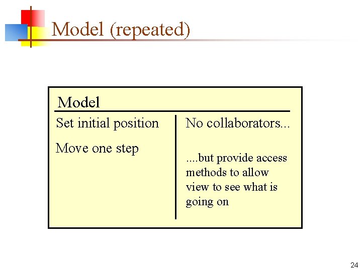 Model (repeated) Model Set initial position Move one step No collaborators. . . .
