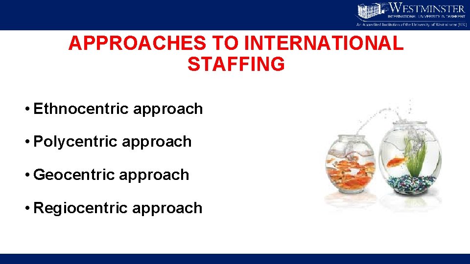 APPROACHES TO INTERNATIONAL STAFFING • Ethnocentric approach • Polycentric approach • Geocentric approach •