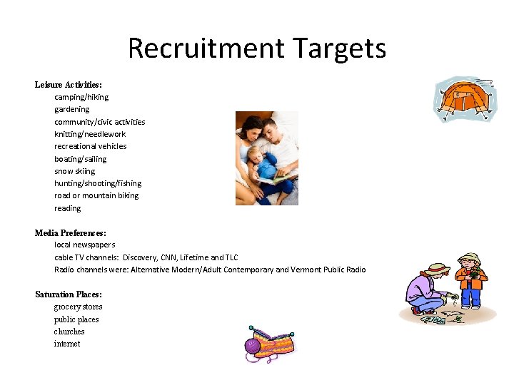 Recruitment Targets Leisure Activities: camping/hiking gardening community/civic activities knitting/needlework recreational vehicles boating/sailing snow skiing