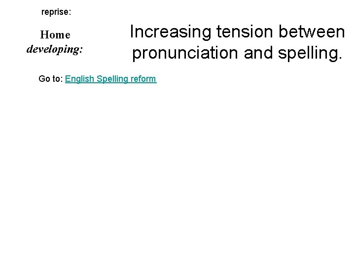 reprise: Home developing: Increasing tension between pronunciation and spelling. Go to: English Spelling reform reprise: Home developing: Increasing tension between pronunciation and spelling. Go to: English Spelling reform