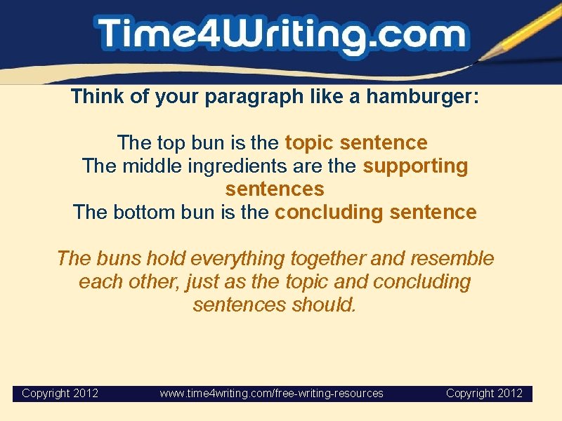 Think of your paragraph like a hamburger: The top bun is the topic sentence