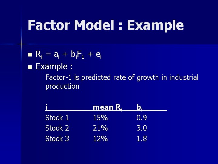 Factor Model : Example n n R i = a i + b i.