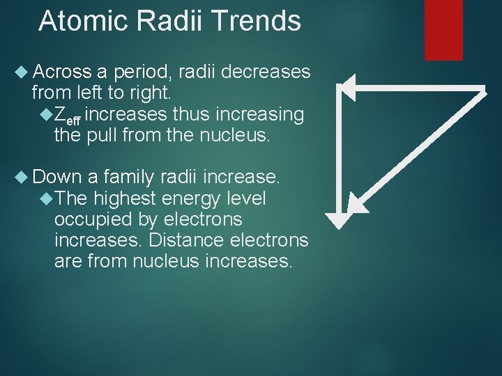 Atomic Radii Trends Across a period, radii decreases from left to right. Zeff increases