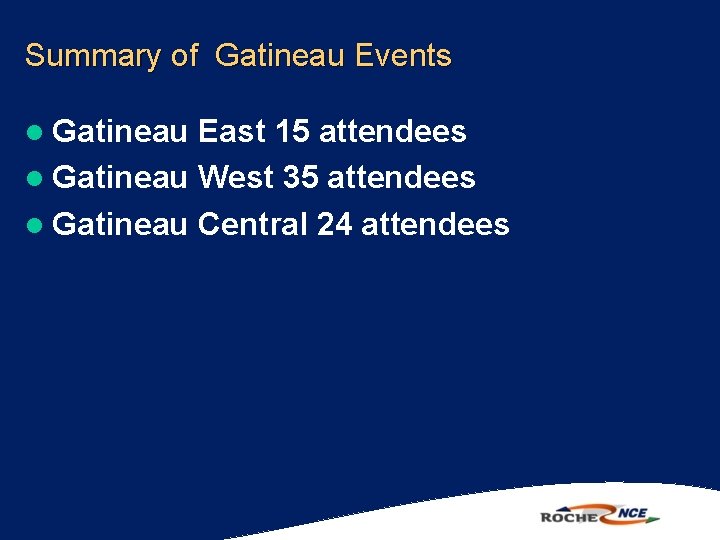 Summary of Gatineau Events l Gatineau East 15 attendees l Gatineau West 35 attendees