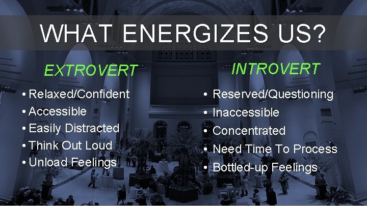 WHAT ENERGIZES US? INTROVERT EXTROVERT • Relaxed/Confident • Accessible • Easily Distracted • Think WHAT ENERGIZES US? INTROVERT EXTROVERT • Relaxed/Confident • Accessible • Easily Distracted • Think