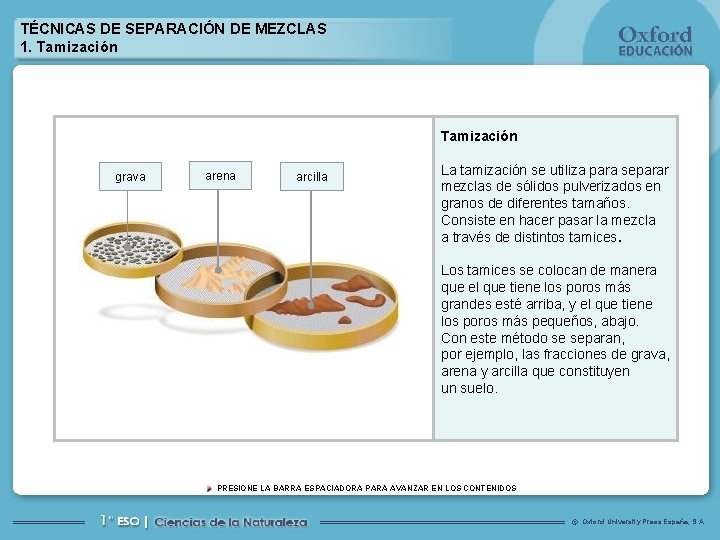 TÉCNICAS DE SEPARACIÓN DE MEZCLAS 1. Tamización grava arena arcilla La tamización se utiliza