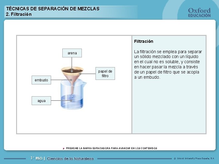 TÉCNICAS DE SEPARACIÓN DE MEZCLAS 2. Filtración arena papel de filtro embudo La filtración