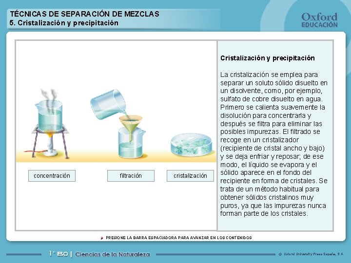 TÉCNICAS DE SEPARACIÓN DE MEZCLAS 5. Cristalización y precipitación concentración filtración cristalización La cristalización