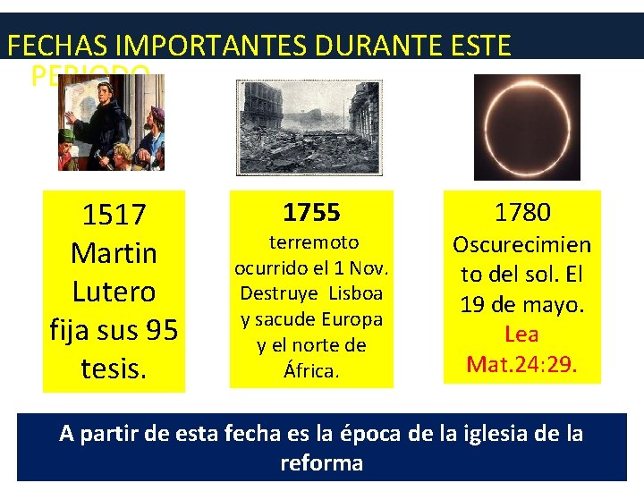  FECHAS IMPORTANTES DURANTE ESTE PERIODO 1517 Martin Lutero fija sus 95 tesis. 1755