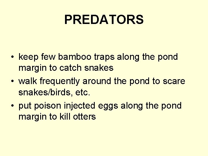 PREDATORS • keep few bamboo traps along the pond margin to catch snakes •