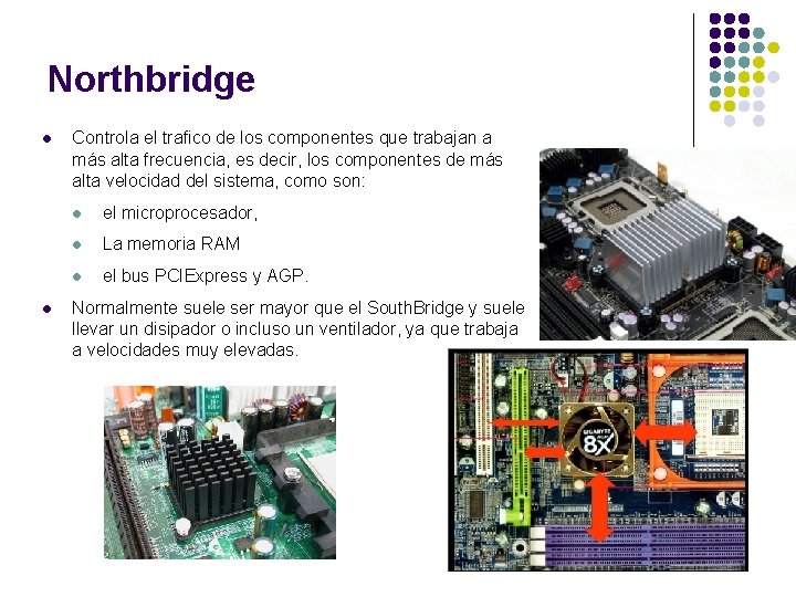 Northbridge l l Controla el trafico de los componentes que trabajan a más alta