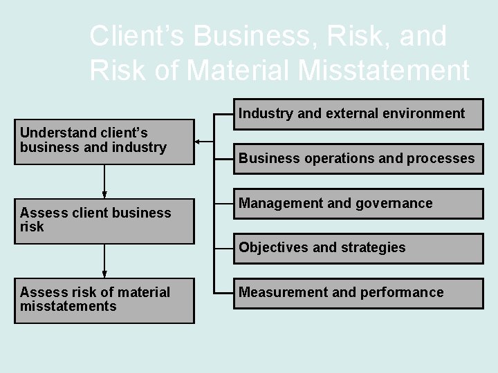 Client’s Business, Risk, and Risk of Material Misstatement Industry and external environment Understand client’s