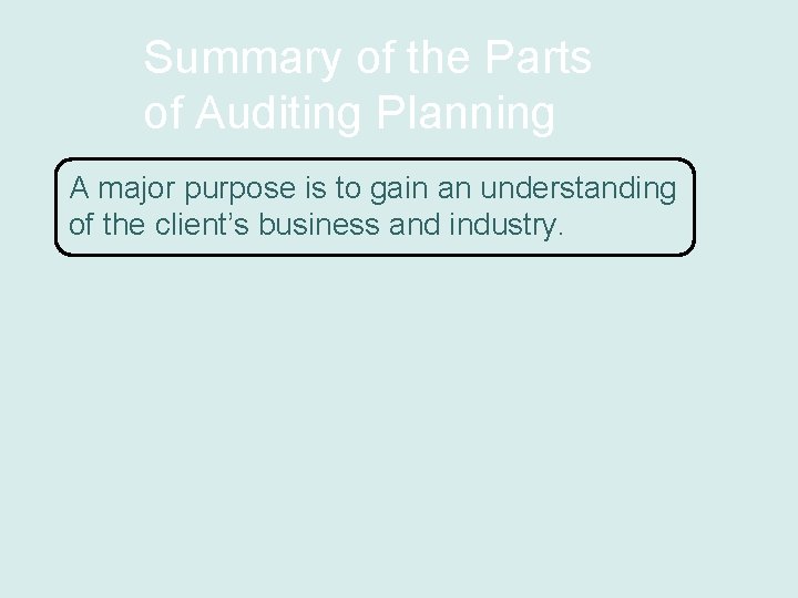 Summary of the Parts of Auditing Planning A major purpose is to gain an