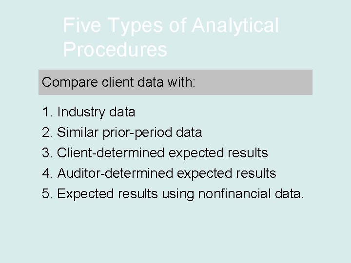 Five Types of Analytical Procedures Compare client data with: 1. Industry data 2. Similar