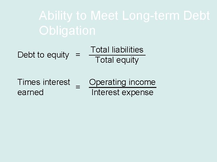 Ability to Meet Long-term Debt Obligation Debt to equity = Total liabilities Total equity