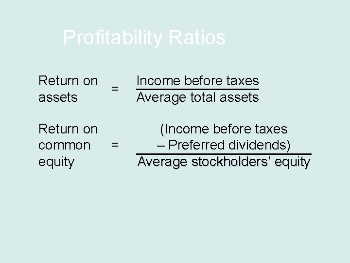 Profitability Ratios Return on = assets Income before taxes Average total assets Return on