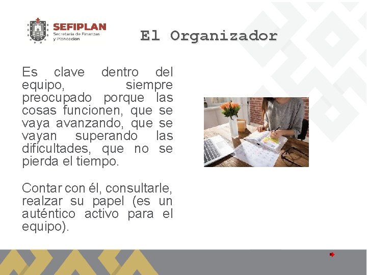 El Organizador Es clave dentro del equipo, siempre preocupado porque las cosas funcionen, que