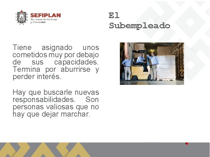 El Subempleado Tiene asignado unos cometidos muy por debajo de sus capacidades. Termina por