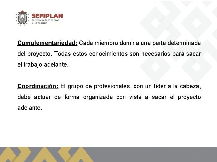 Complementariedad: Cada miembro domina una parte determinada del proyecto. Todas estos conocimientos son necesarios