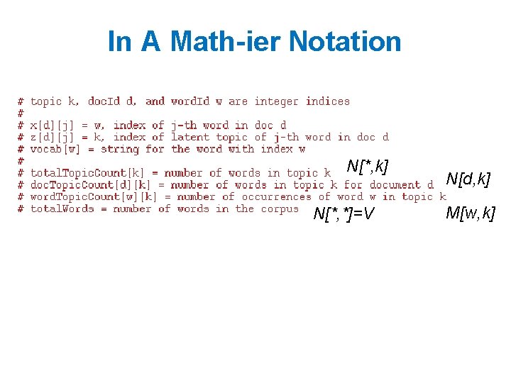 In A Math-ier Notation N[*, k] N[*, *]=V N[d, k] M[w, k] 