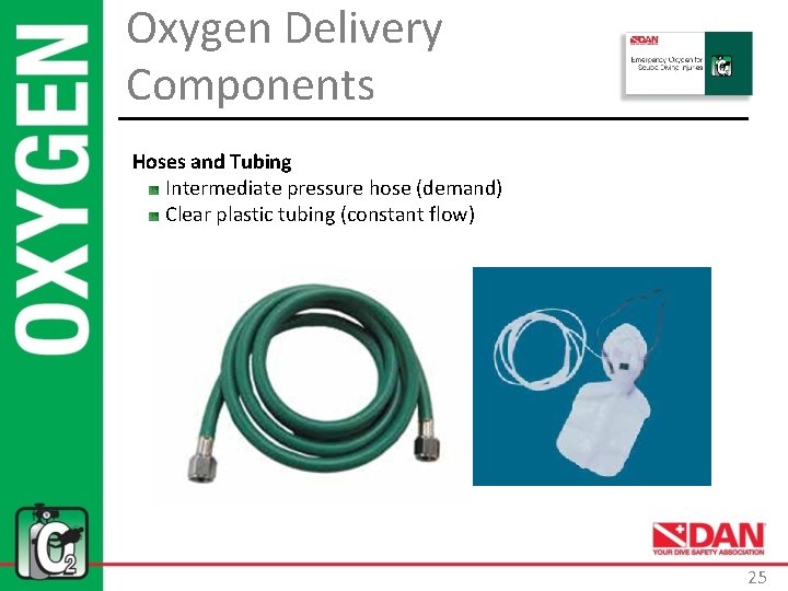 Oxygen Delivery Components Hoses and Tubing Intermediate pressure hose (demand) Clear plastic tubing (constant