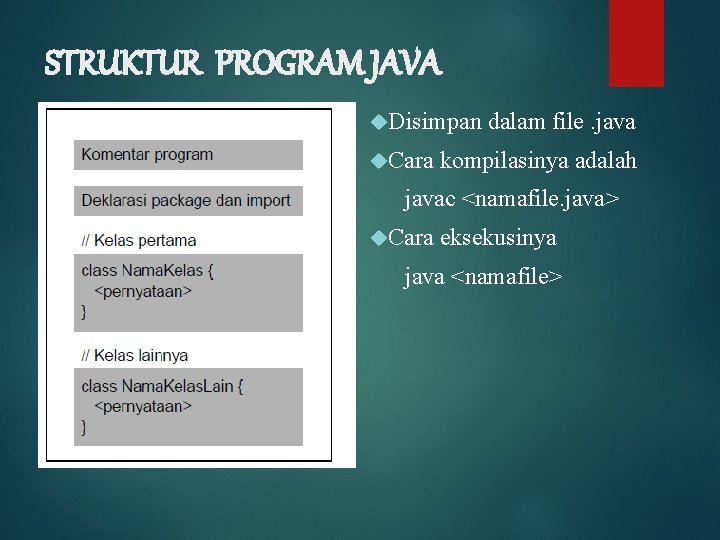 STRUKTUR PROGRAM JAVA Disimpan Cara dalam file. java kompilasinya adalah javac <namafile. java> Cara