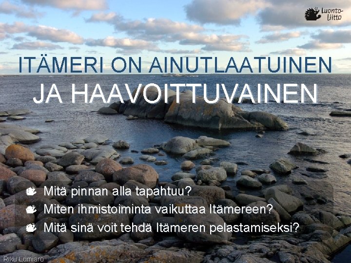 ITÄMERI ON AINUTLAATUINEN JA HAAVOITTUVAINEN Mitä pinnan alla tapahtuu? Miten ihmistoiminta vaikuttaa Itämereen? Mitä ITÄMERI ON AINUTLAATUINEN JA HAAVOITTUVAINEN Mitä pinnan alla tapahtuu? Miten ihmistoiminta vaikuttaa Itämereen? Mitä