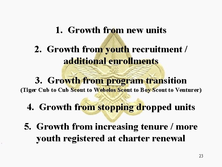 1. Growth from new units 2. Growth from youth recruitment / additional enrollments 3.