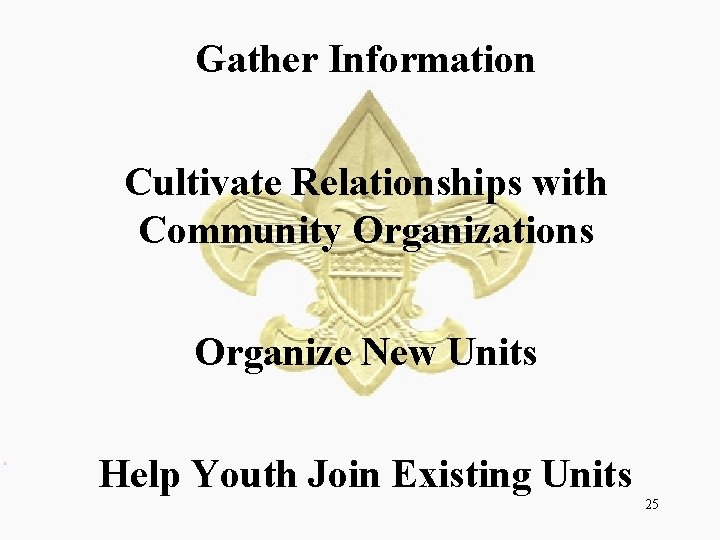 Gather Information Cultivate Relationships with Community Organizations Organize New Units Help Youth Join Existing