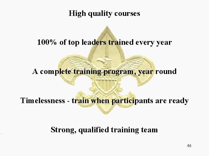 High quality courses 100% of top leaders trained every year A complete training program,