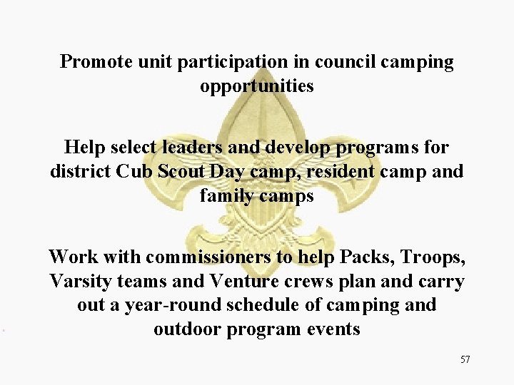 Promote unit participation in council camping opportunities Help select leaders and develop programs for