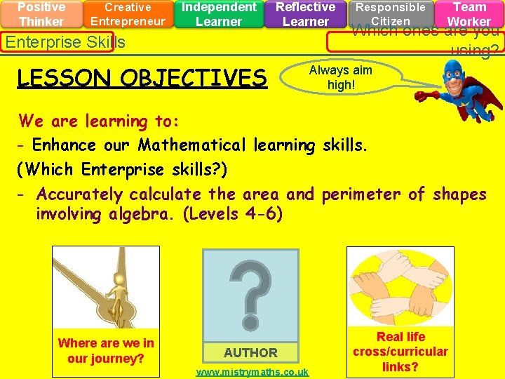 Positive Thinker Creative Entrepreneur Independent Learner Reflective Learner Enterprise Skills LESSON OBJECTIVES Responsible Citizen