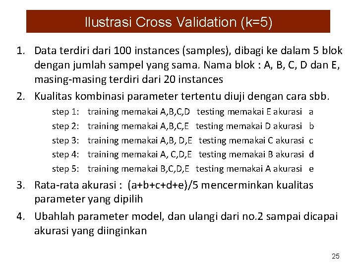 Ilustrasi Cross Validation (k=5) 1. Data terdiri dari 100 instances (samples), dibagi ke dalam