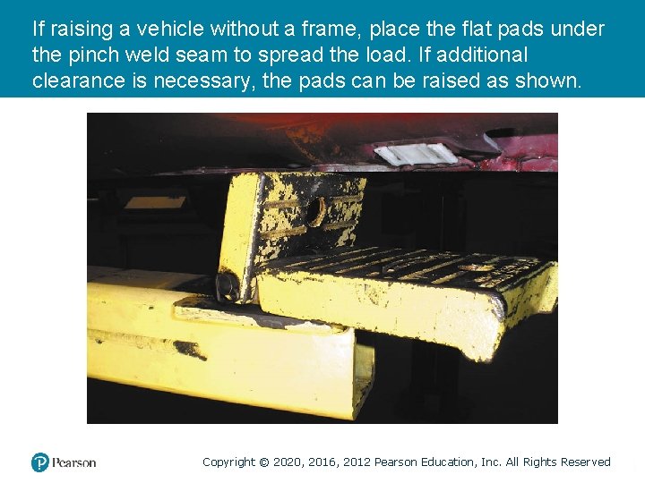 If raising a vehicle without a frame, place the flat pads under the pinch