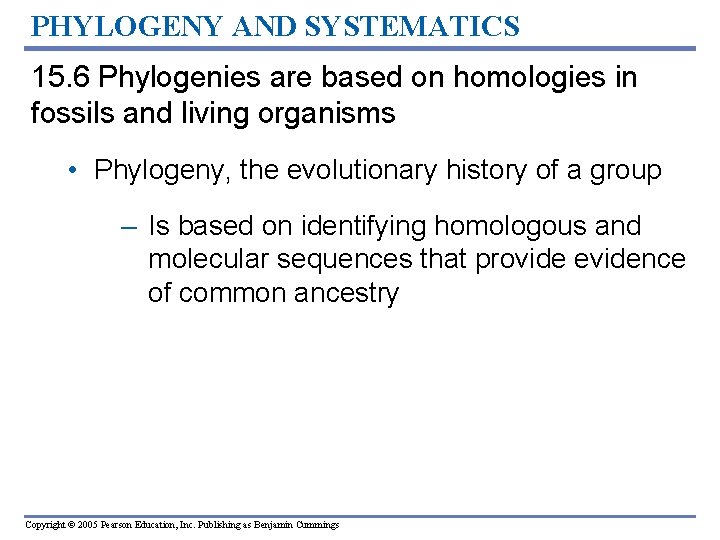 PHYLOGENY AND SYSTEMATICS 15. 6 Phylogenies are based on homologies in fossils and living PHYLOGENY AND SYSTEMATICS 15. 6 Phylogenies are based on homologies in fossils and living