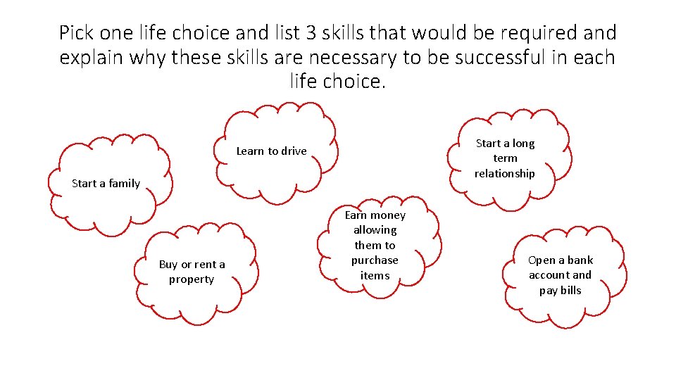 Pick one life choice and list 3 skills that would be required and explain