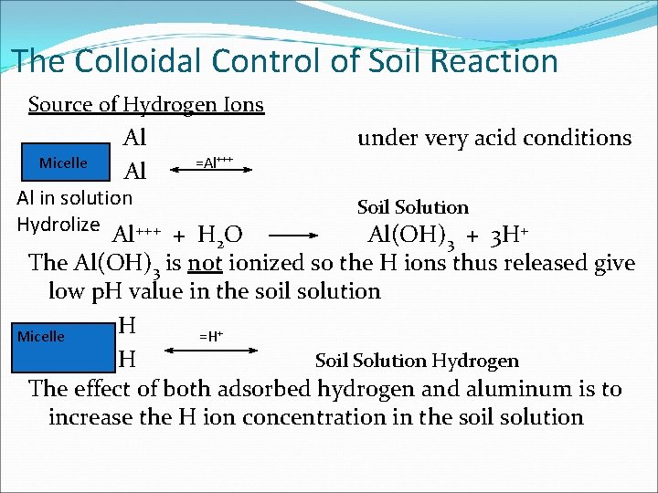 The Colloidal Control of Soil Reaction Source of Hydrogen Ions Micelle Al Al Al The Colloidal Control of Soil Reaction Source of Hydrogen Ions Micelle Al Al Al