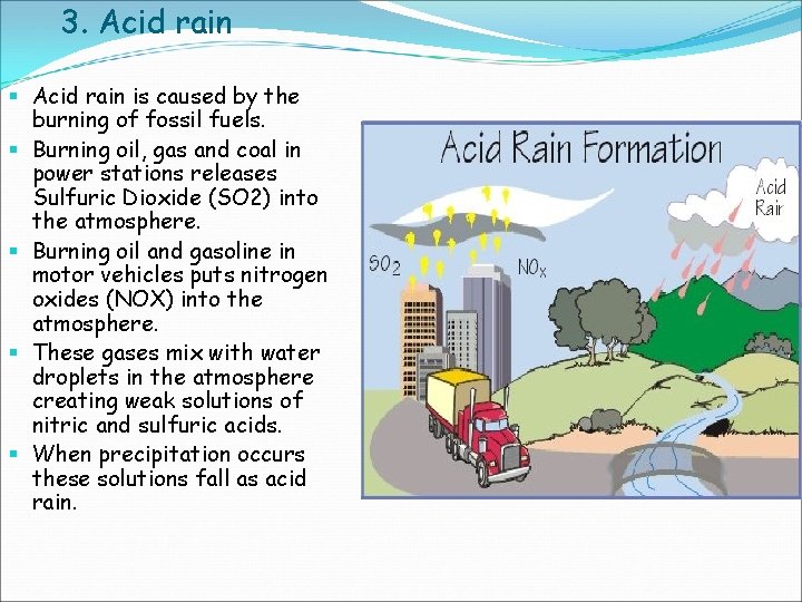 3. Acid rain § Acid rain is caused by the burning of fossil fuels. 3. Acid rain § Acid rain is caused by the burning of fossil fuels.