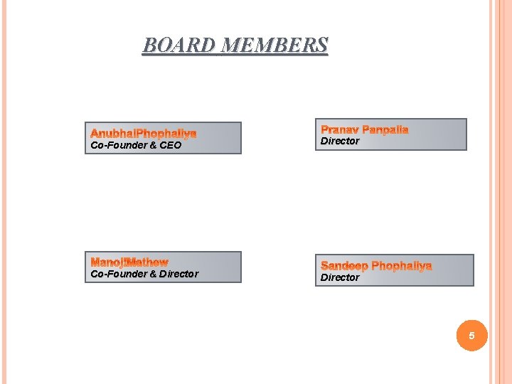 BOARD MEMBERS Co-Founder & CEO Director Co-Founder & Director 5 BOARD MEMBERS Co-Founder & CEO Director Co-Founder & Director 5