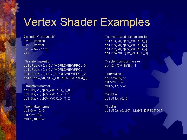 Vertex Shader Examples #include "Constants. h" // v 0 -- position // v 1