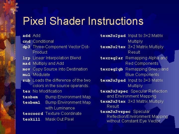 Pixel Shader Instructions add Add cnd Conditional dp 3 Three-Component Vector Dot. Product lrp