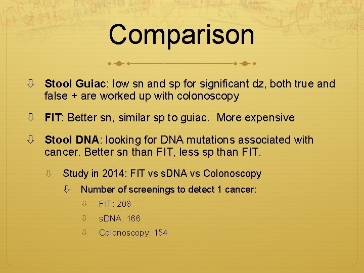 Comparison Stool Guiac: low sn and sp for significant dz, both true and false