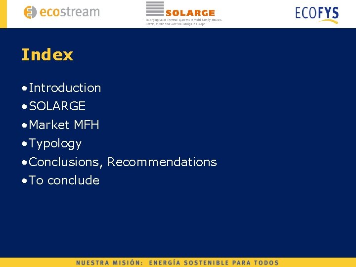 Index • Introduction • SOLARGE • Market MFH • Typology • Conclusions, Recommendations •