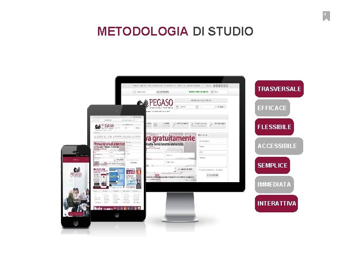 4 METODOLOGIA DI STUDIO TRASVERSALE EFFICACE FLESSIBILE ACCESSIBILE SEMPLICE IMMEDIATA INTERATTIVA 