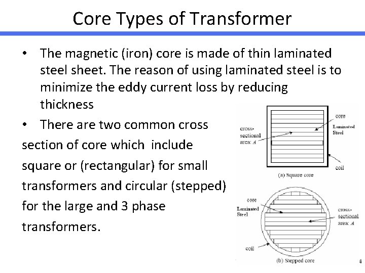 Core Types of Transformer • The magnetic (iron) core is made of thin laminated