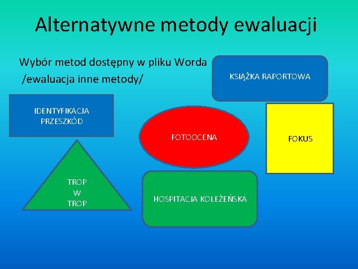 Alternatywne metody ewaluacji Wybór metod dostępny w pliku Worda /ewaluacja inne metody/ KSIĄŻKA RAPORTOWA