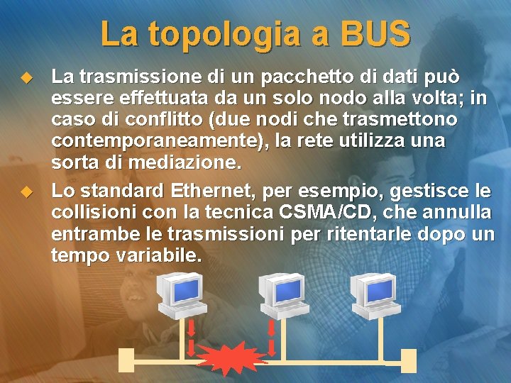 La topologia a BUS u u La trasmissione di un pacchetto di dati può